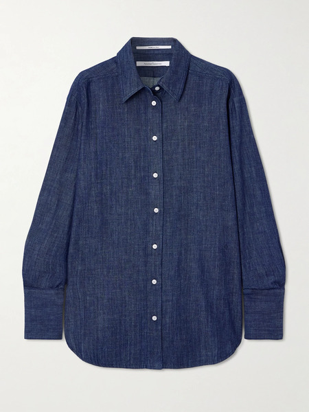  Another Tomorrow   Oversized Organic Cotton Chambray Shirt   Navy 