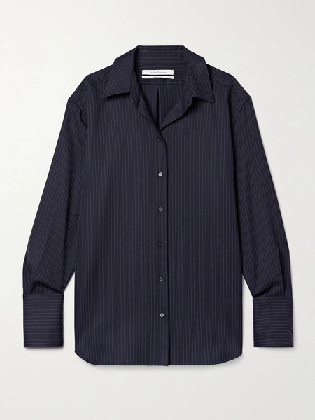  Another Tomorrow   Pinstriped Wool Blend Shirt   Navy 
