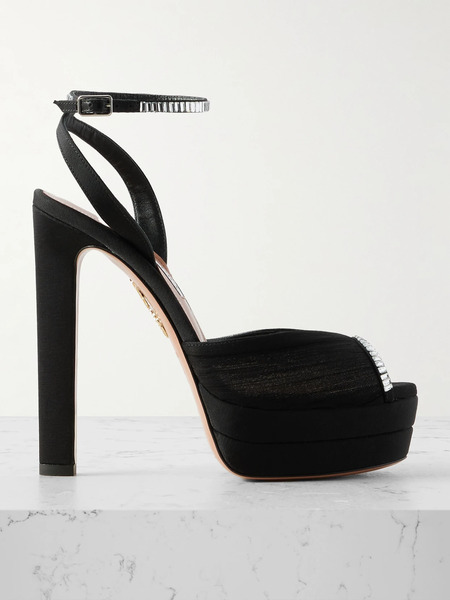  Aquazzura   Be Mine Plateau 130 Crystal Embellished Grosgrain Trimmed Pleated Chiffon Platform Sandals   Black 