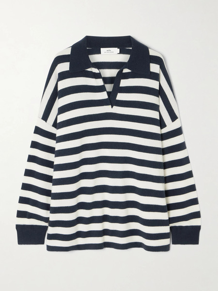 Arch4   Victoria Oversized Striped Cashmere Polo Sweater   Navy 