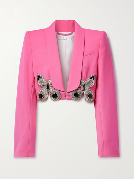  Area   Cropped Crystal Embellished Wool Blend Crepe Blazer   Pink 