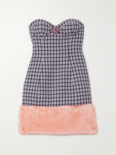  Area   Strapless Embellished Faux Fur Trimmed Houndstooth Wool Blend Mini Dress   Lilac 