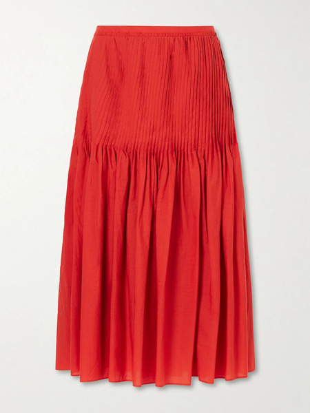  Auralee   Pleated Cotton Poplin Midi Skirt   Red 