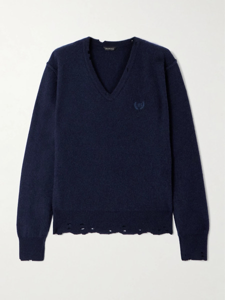  Balenciaga   Embroidered Cashmere And Wool Blend Sweater   Navy 