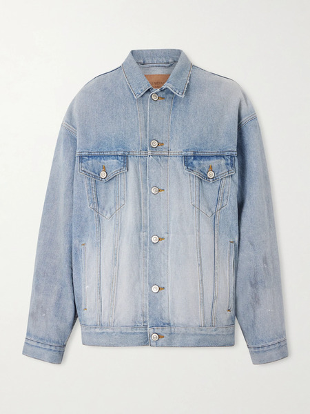  Balenciaga   Oversized Distressed Printed Denim Jacket   Light Denim 