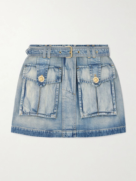  Balmain   Belted Denim Mini Skirt   Light Denim 