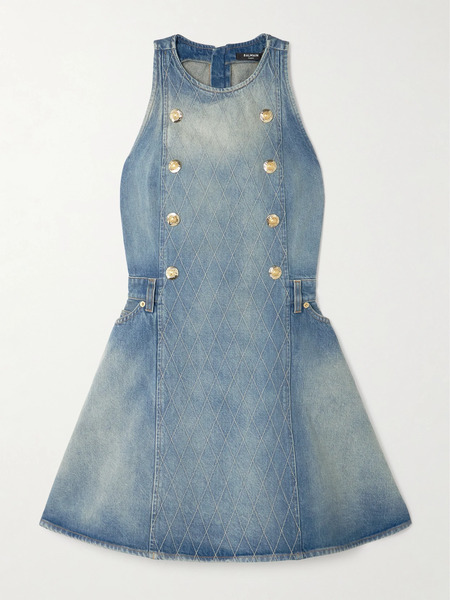  Balmain   Button Embellished Embroidered Denim Mini Dress   Light Denim 