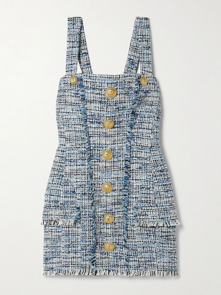  Balmain   Button Embellished Frayed Cotton Blend Tweed Mini Dress   Light Blue 