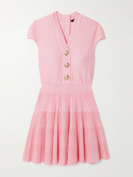  Balmain   Button Embellished Ribbed Knit Mini Dress   Pink 