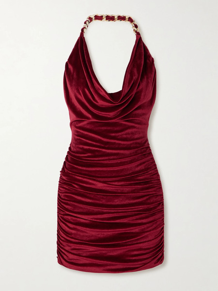  Balmain   Chain Embellished Draped Velvet Mini Dress   Burgundy 