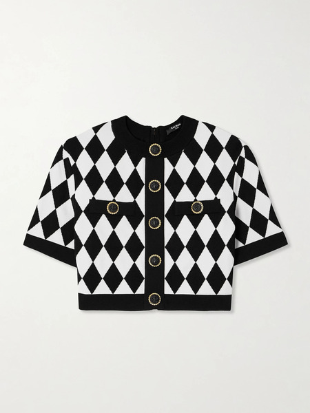  Balmain   Cropped Button Embellished Jacquard Knit Top   White 