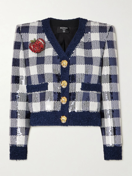  Balmain   Cropped Embellished Checked Tweed Jacket   Blue 