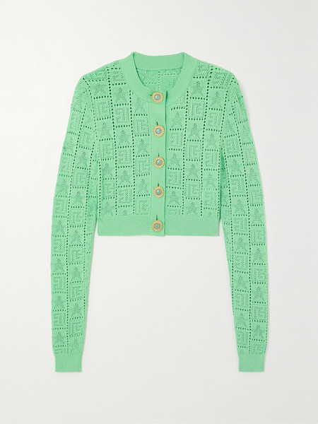  Balmain   Cropped Pointelle Knit Cardigan   Turquoise 