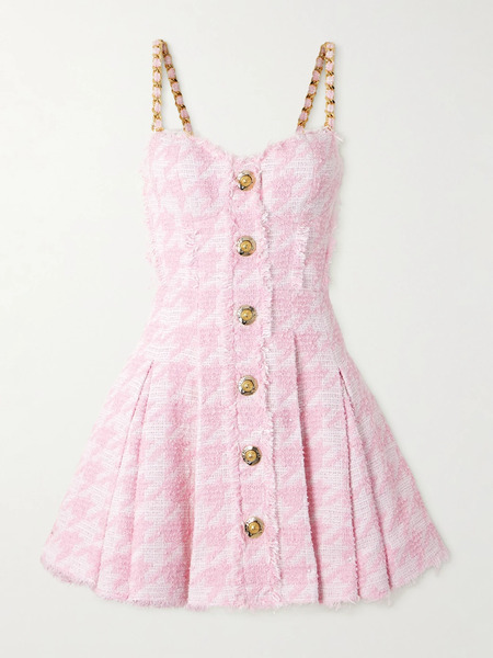  Balmain   Embellished Frayed Houndstooth Cotton Blend Tweed Mini Dress   Pink 