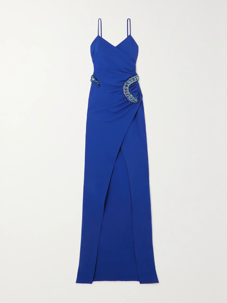  Balmain   Embellished Gathered Wrap Effect Stretch Jersey Maxi Dress   Blue 