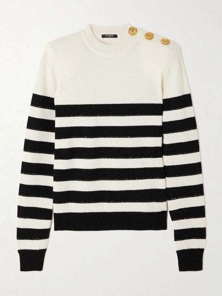  Balmain   Embellished Striped Knitted Sweater   White 