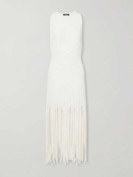  Balmain   Fringed Pointelle Knit Midi Dress   Off White 