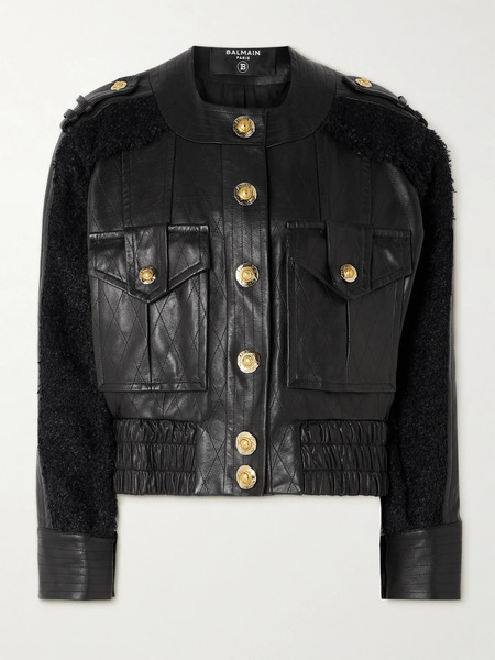  Balmain   Quilted Leather And Tweed Bomber Jacket   Black 