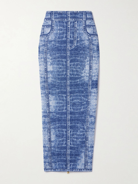  Balmain   Trompe L'ail Printed Knitted Midi Skirt   Mid Denim 