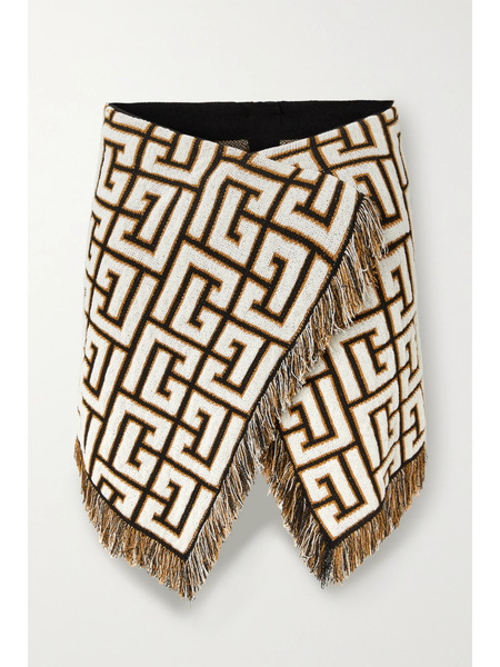  Balmain   Wrap Effect Fringed Jacquard Knit Mini Skirt   Black 