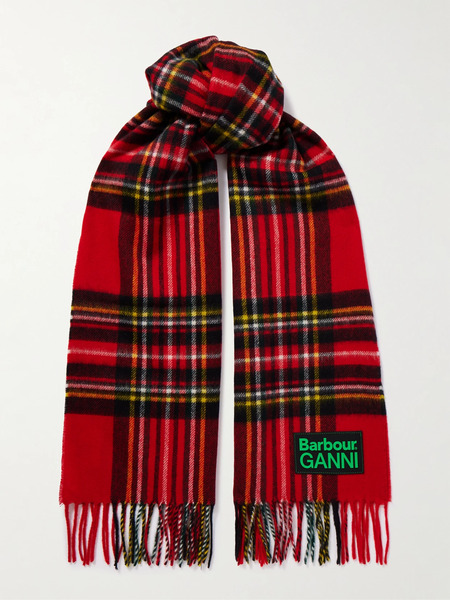  Barbour   + Ganni Fringed Appliquéd Checked Wool Scarf   Red 