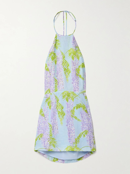  Bernadette   Delilah Open Back Printed Linen Halterneck Mini Dress   Light Blue 