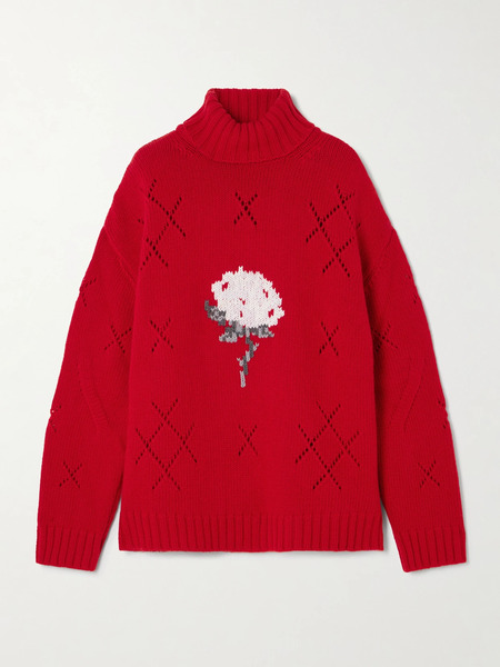  Bernadette   Sharon Oversized Intarsia Pointelle Knit Wool Blend Turtleneck Sweater   Red 