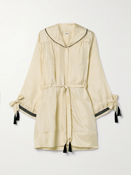  Bode   Boater Belted Silk Satin Mini Dress   Neutral 