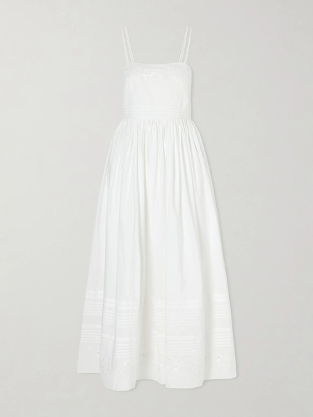  Bode   Chamomile Pintucked Embroidered Cotton Poplin Midi Dress   White 
