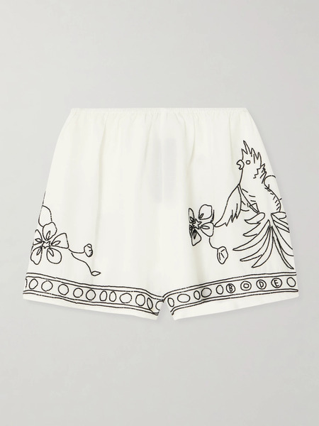  Bode   Cockatoo Tap Bead Embellished Cotton And Silk Blend Shorts   White 