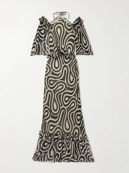  Bode   Comber Ruffled Printed Silk Chiffon Maxi Dress   Multi 