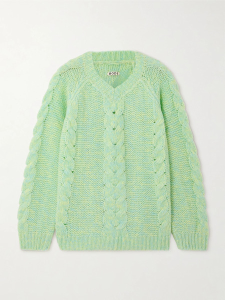  Bode   Eiderdown Cable Knit Alpaca, Mohair And Silk Blend Sweater   Light Green 