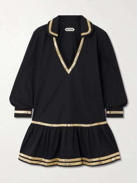  Bode   Embellished Cotton Poplin Mini Dress   Black 