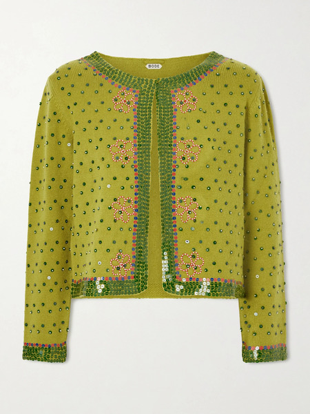  Bode   Fairy Floss Cropped Embellished Wool And Cashmere Blend Cardigan   Lime Green 