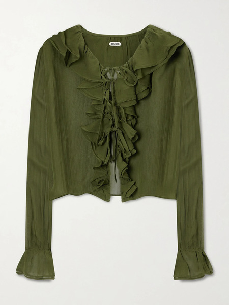  Bode   Flounce Ruffled Silk Crepon Blouse   Forest Green 