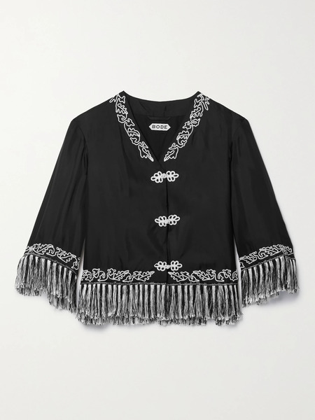  Bode   Grenier Fringed Embroidered Silk Twill Jacket   Black 