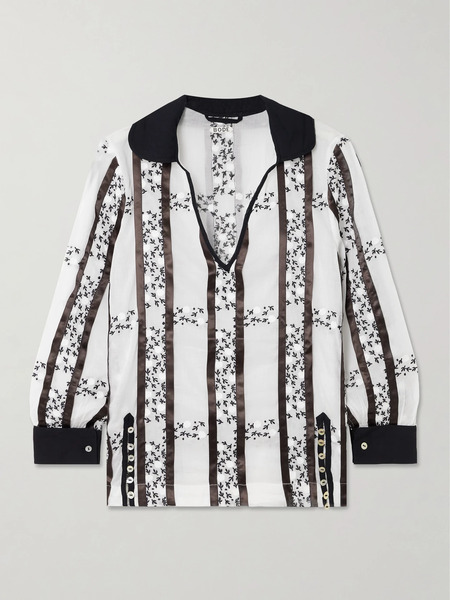  Bode   Lattice Sprig Embroidered Button Embellished Satin Trimmed Cotton Blouse   White 