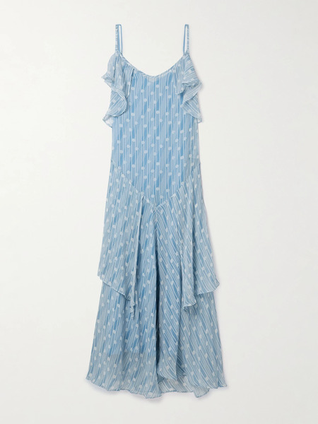  Bode   Meridian Ruffled Printed Silk Crepon Maxi Dress   Blue 
