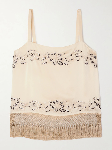  Bode   Phantasm Fringed Embroidered Silk Satin Camisole   Ecru 