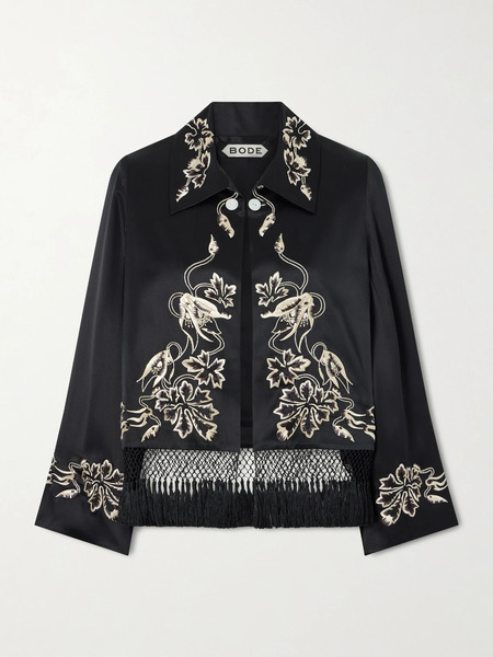  Bode   Phantasm Fringed Embroidered Silk Satin Jacket   Black 