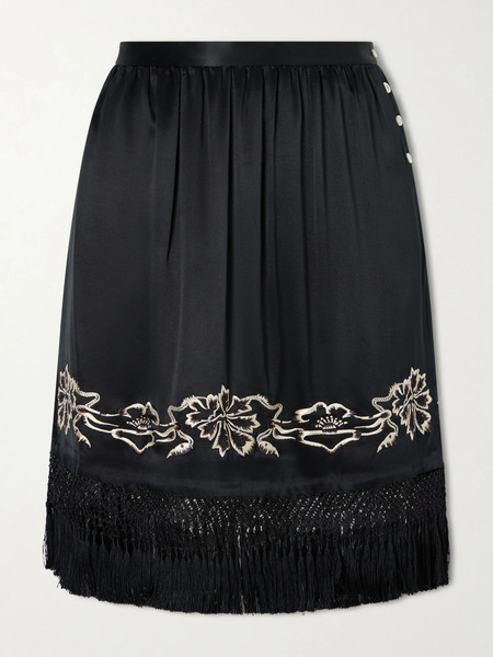  Bode   Phantasm Fringed Embroidered Silk Satin Mini Skirt   Black 