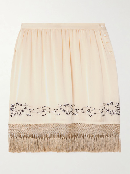  Bode   Phantasm Fringed Embroidered Silk Satin Mini Skirt   Ecru 