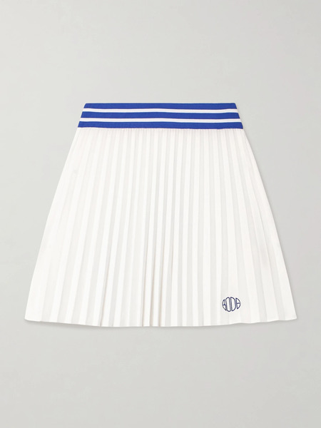  Bode   Pleated Embroidered Striped Jersey Mini Skirt   White 