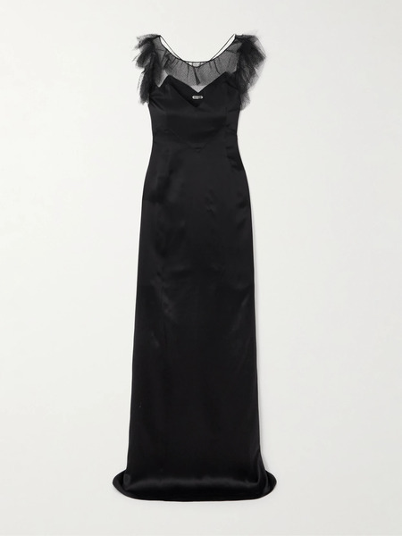  Bode   Prima Ruffled Mesh Trimmed Silk Satin Maxi Dress   Black 