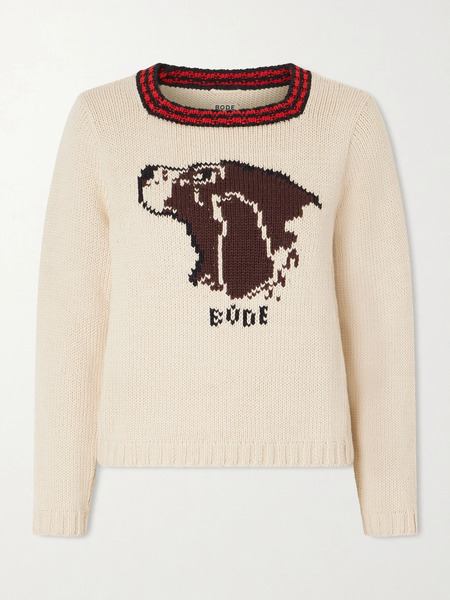  Bode   Spaniel Intarsia Pima Cotton And Merino Wool Blend Sweater   Cream 