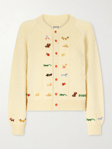  Bode   Zoologist Embroidered Merino Wool And Alpaca Blend Cardigan   Pastel Yellow 