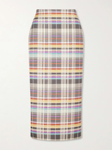  Brandon Maxwell   Mercer Bonded Checked Wool And Silk Blend Midi Skirt   White 