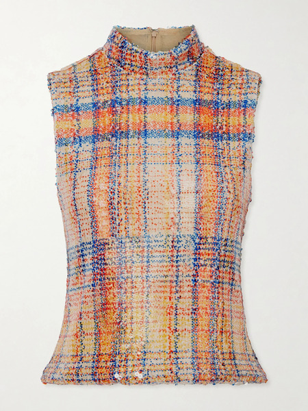  Brandon Maxwell   Piper Checked Sequined Mesh Turtleneck Top   Orange 