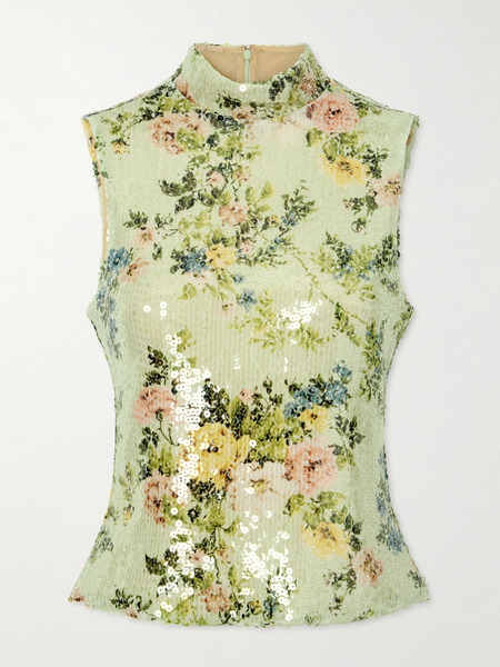  Brandon Maxwell   Piper Sequined Floral Print Mesh Turtleneck Top   Light Green 
