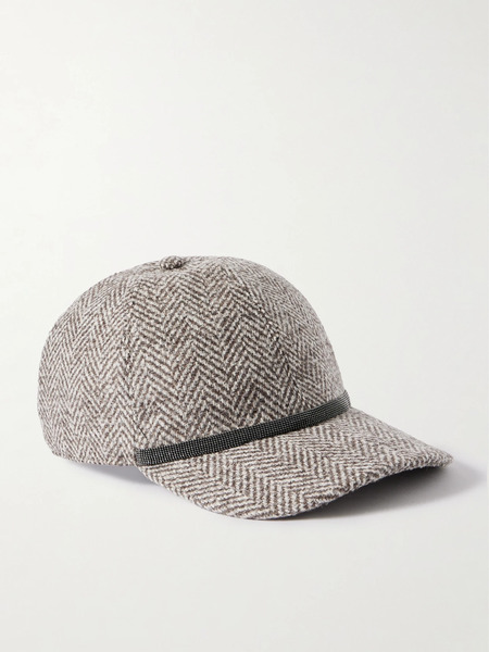  Brunello Cucinelli   Bead Embellished Herringbone Wool Blend Tweed Cap   Taupe 